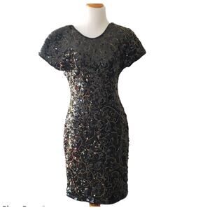 Vintage Carmen Marc Valvo Cocktail Dress Sequined Black Gold Women Medium